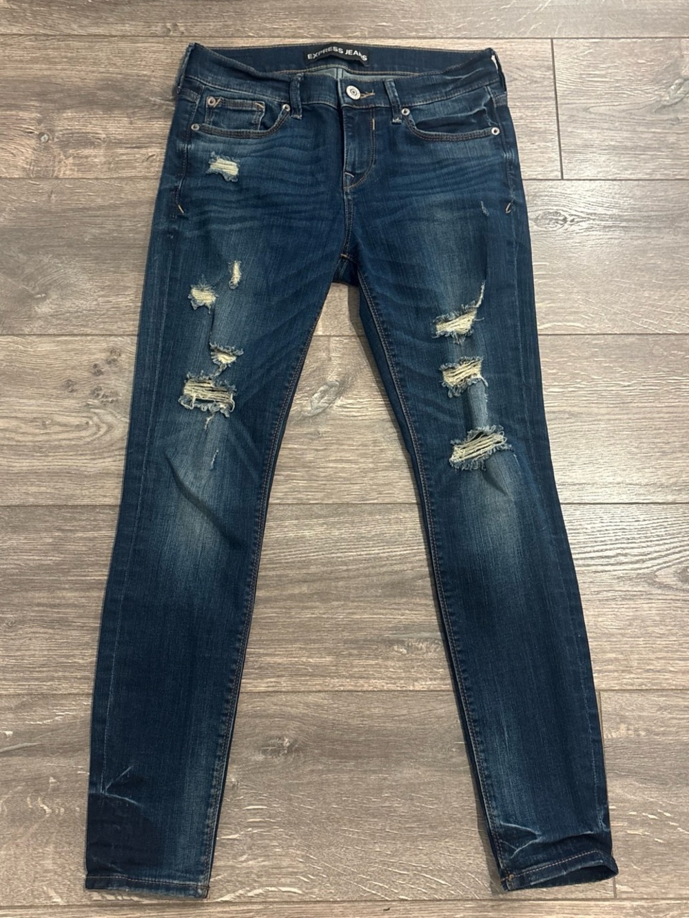 Express Dark Wash Distressed Women's Skinny Jeans - Blue